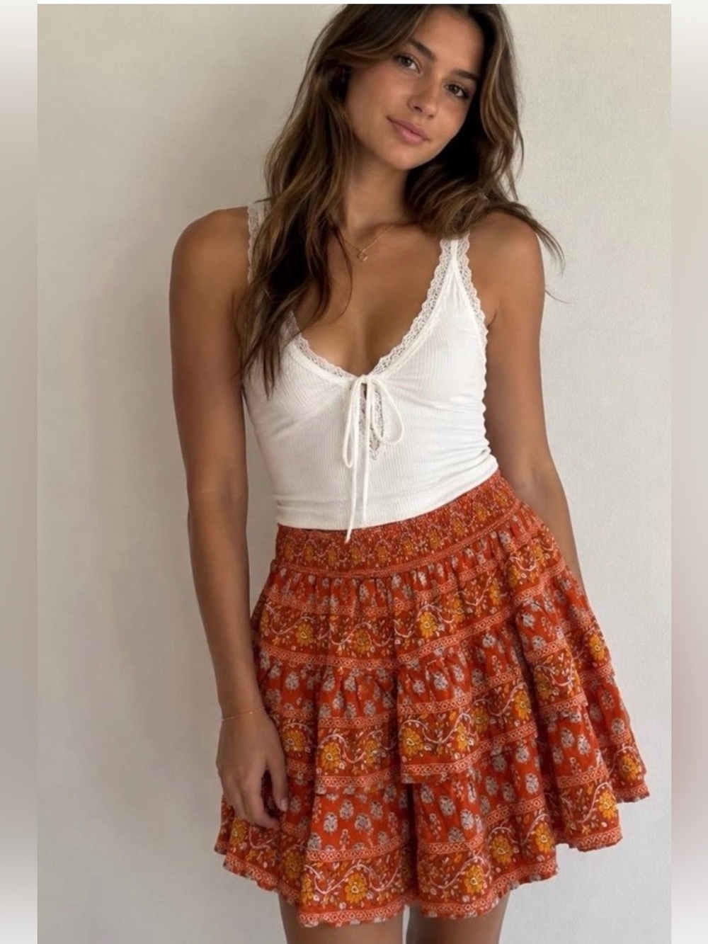 NICOLE MILLER  Sz M Rust Orange Ruffled Print Mini Skirt Whimsy Cottagecore